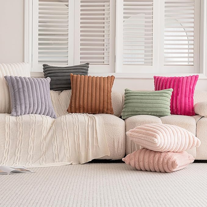Double-Sided Faux Fur Plush Throw Pillow Covers 24x24 Set of 2 Fuzzy Striped Soft Cozy Pillowcase Luxury Decorative Pillows Square Shaggy Cushion Covers for Couch Sofa Bed,Light Grey