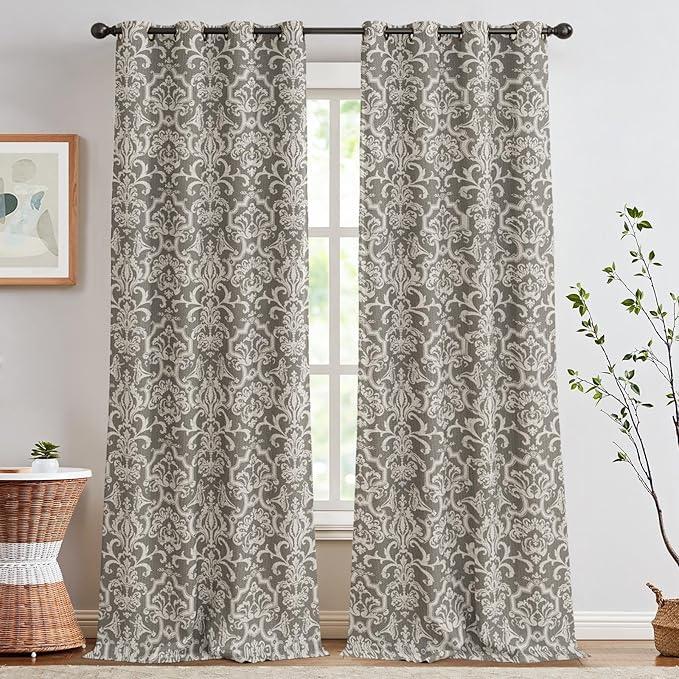 jinchan Room Darkening Curtains for Bedroom Grey Damask Patterned Curtains 84 Inch Length for Living Room Linen Textured Vintage Drapes Medallion Window Treatments Grommet Top 2 Panels Set