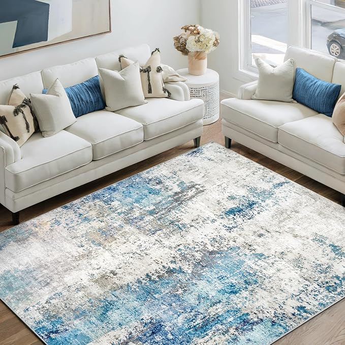 Washable Area Rug 5x7 - Neutral Modern Abstract Rugs, Soft Non Slip Thin Carpet with for Bedroom, Under Dining Room Table, Home, Office, Dorm, Office Rolling Chair - Blue Gray