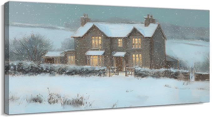 GUTTATY Christmas Winter Canvas Wall Art, Cozy House Snow Scene Canvas Painting, Christmas Winter Landscape Poster for Living Room, Office Decor, Gift for Family, 32x16 Inch