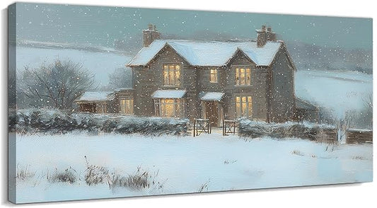 GUTTATY Christmas Winter Canvas Wall Art, Cozy House Snow Scene Canvas Painting, Christmas Winter Landscape Poster for Living Room, Office Decor, Gift for Family, 48x24 Inch