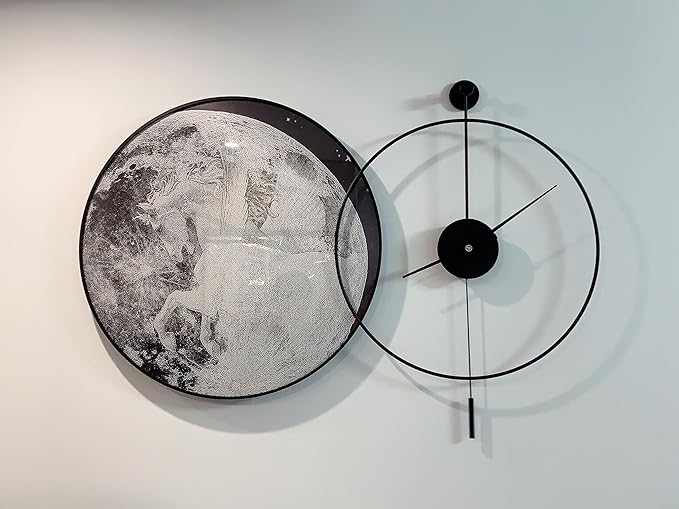 SHISEDECO Classical Large Modern Round Minimalist Wall Clock with Swing Pendulum, Non-Ticking Silent Metal Decorative Creative Art Clocks for Home, Living Room, Bedroom, Study, Office (24", Black)