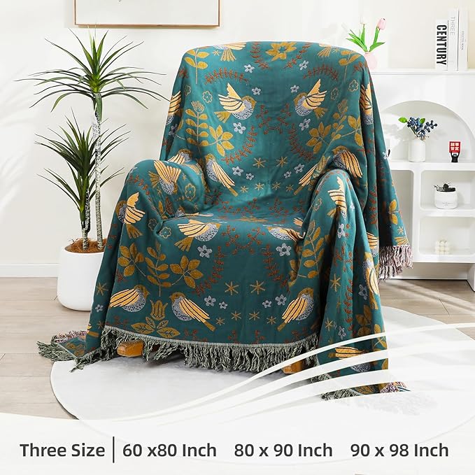 Boho Throw Blanket, 100% Organic Cotton Breathable Ultra Soft 50" x 60" Bed Quilt Throw - Floral Rustic Bird Farmhouse Decor Luxury Reversible Blanket for Sofa Couch Chair and Gift,Teal/Beige