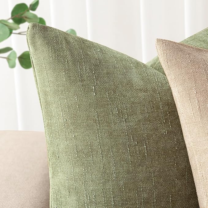 Foindtower Pack of 2 Soft Textured Chenille Throw Decorative Pillow Covers Square Accent Solid Cushion Cover Cozy Neutral Farmhouse Pillow Case for Couch Sofa Bedroom Living Room 26x26 Inch,Sage Green