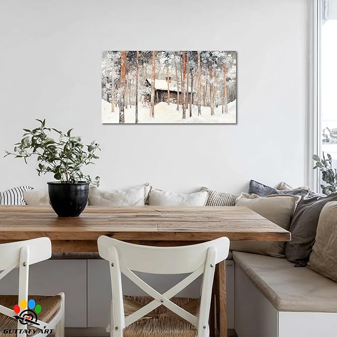 GUTTATY Winter Christmas Cabin Canvas Wall Art, Snow Forest Canvas Painting, Rustic Winter Scene Wall Decor, Textured Canvas Prints Pictures, Holiday Poster for Living Room, Bedroom, 16x8 Inch