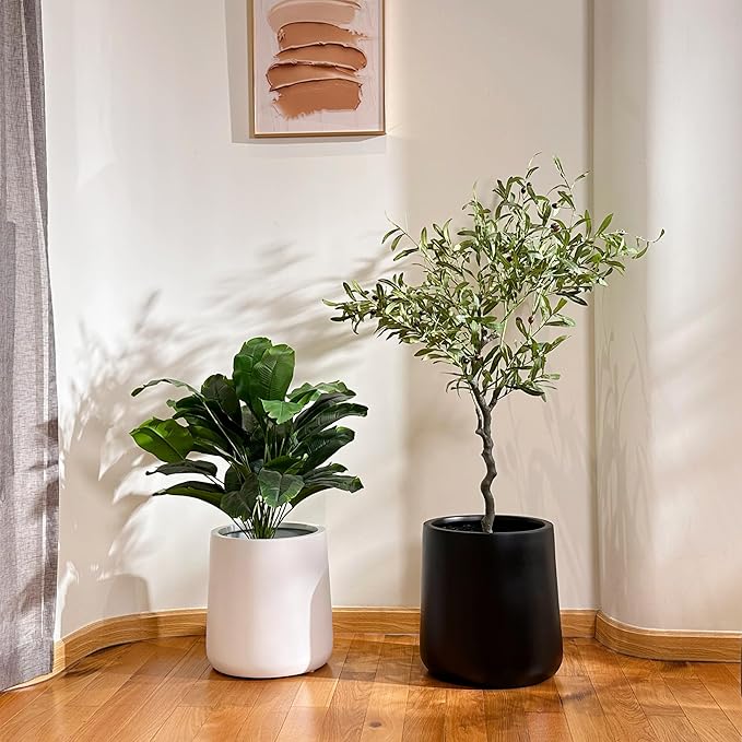 15.3"H x 15"D Conico Fiberstone Round Planter - Christmas Tree Planter, Smooth Finishes, Weather Resistant for Indoor and Outdoor Use, Included 2 Extra Coco Mats (Black, 11.7" Pot Opening)