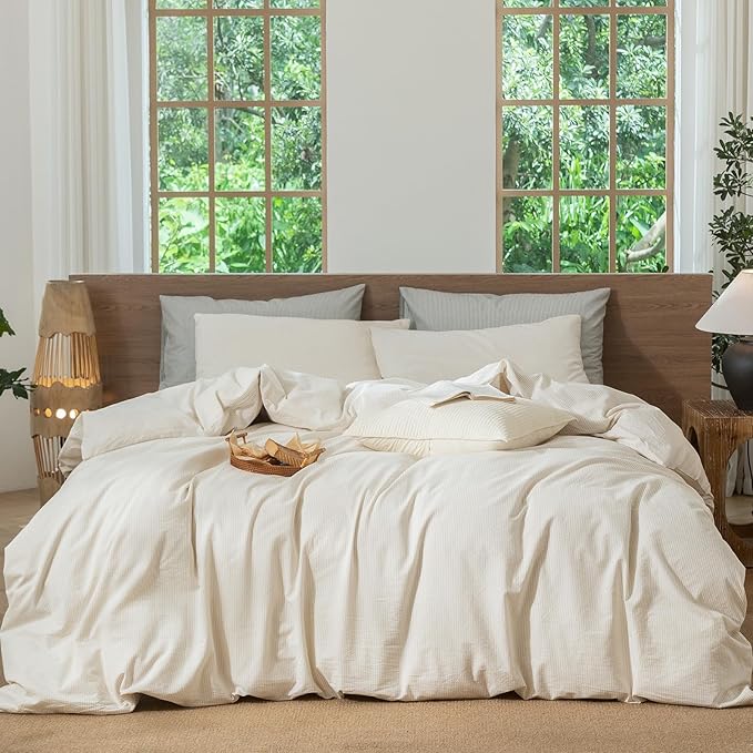 MooMee Striped Duvet Cover Set 100% Washed Cotton Linen Like Textured Breathable Durable Soft Comfy (Almond Milk Grey Pinstripes, Super Queen 90"x98")
