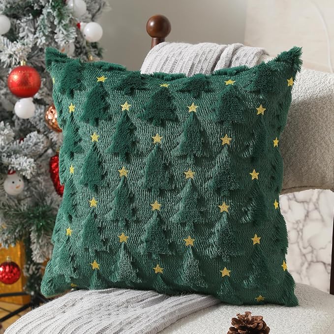 Christmas Throw Pillow Covers Christmas Decorations Set of 2 Xmas Tree 18x18 Pillow Covers Soft Plush Faux Wool Pillow Cases Holiday Winter Decor Sofa Couch Bed