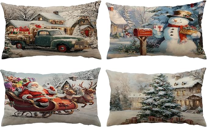 Neatee Living Christmas Pillow Covers 12x20 Set of 4 Farmhouse Vintage Xmas Throw Pillows Christmas Tree Elk Snowman Pillow Cases Sofa Couch Outdoor Cushion Covers for Home Decorations (12 by 20)