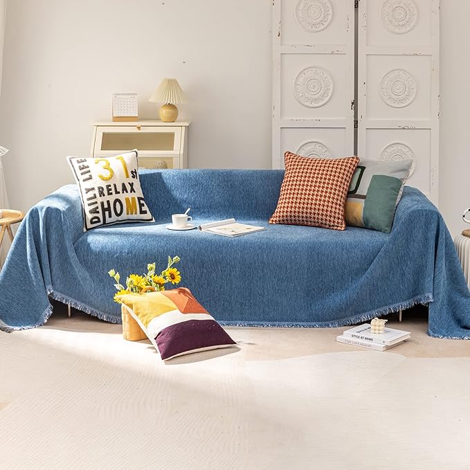 VClife Blue Couch Cover Chenille Sofa Covers Living Room Furniture Couch Protector with Tassel, Modern Non Slip Couch Cover for 3 Cushion Couch Sofa, Dog Cat Aesthetic Sofa Covers Throw, 71"x134"
