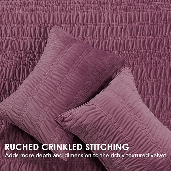 EVERGRACE Velvet Quilt King Size, Luxury Velvet Bedding Set, Ultra Soft Ruched Quilt Sets, Lightweight Comforter Vintage Textured Bedspread Coverlet with 2 Shams for All Season, Mauve Purple