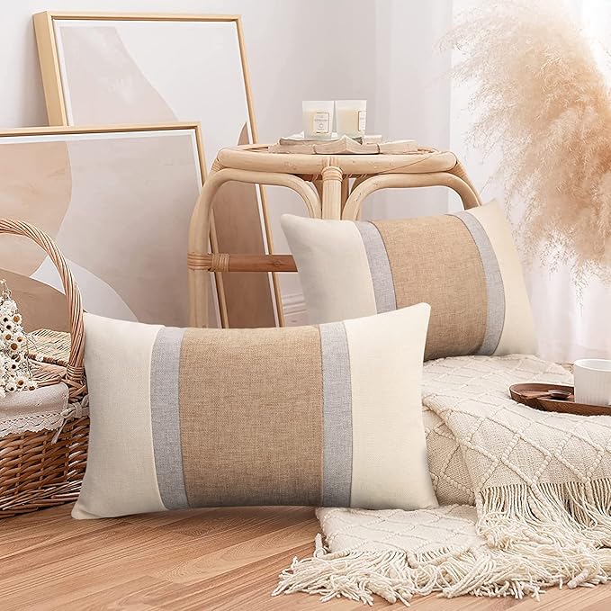 Pyonic Pillow Covers 12x20 Farmhouse Decor Patchwork Linen Throw Lumbar Pillow Covers White and Grey Boho Accent Cushion Covers for Couch Sofa,Set of 2