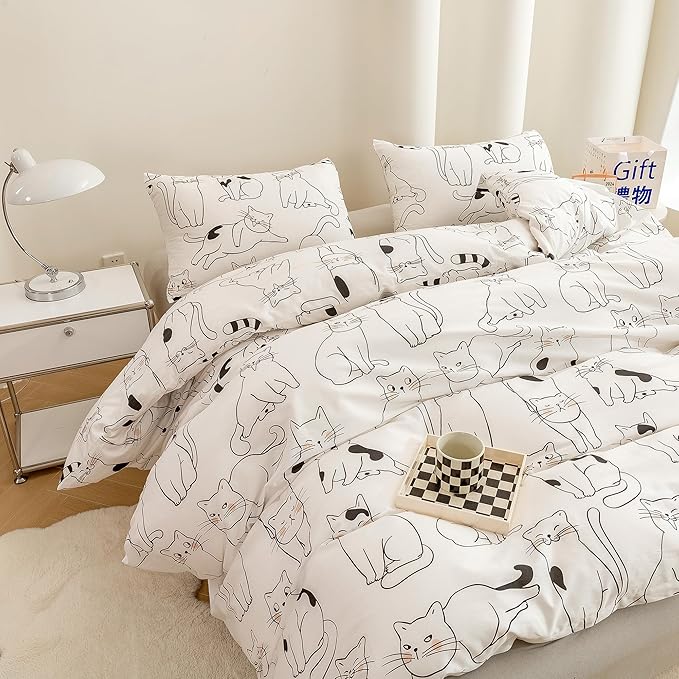 ECOCOTT Duvet Cover Queen Size, 3 Pcs Cartoon Cats Animal Print Pattern Duvet Cover Set, Super Soft Comforter Quilt Cover with Zipper Closure 4 Ties