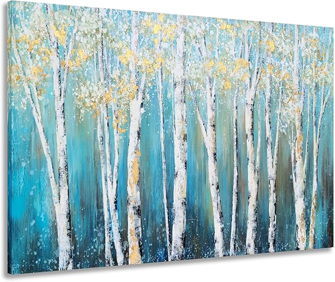 Yihui Arts Canvas Wall Art White Grey Birch Trees Branches Painting Gold Foil Leaves Pictures, Modern One Framed Large Size for Living Room Bedroom Home Office Decor