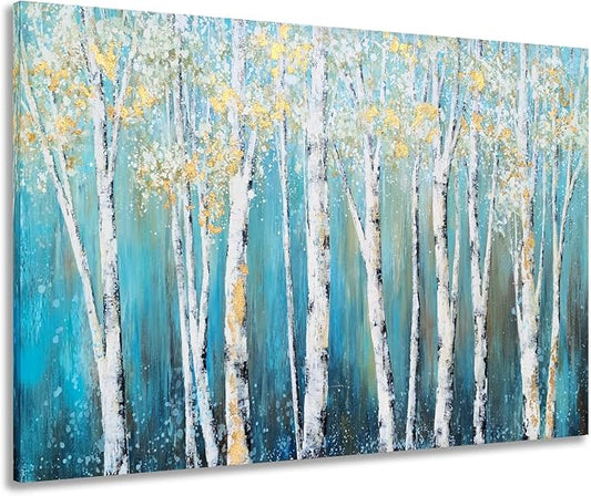 Yihui Arts Canvas Wall Art White Grey Birch Trees Branches Painting Gold Foil Leaves Pictures, Modern One Framed Large Size for Living Room Bedroom Home Office Decor
