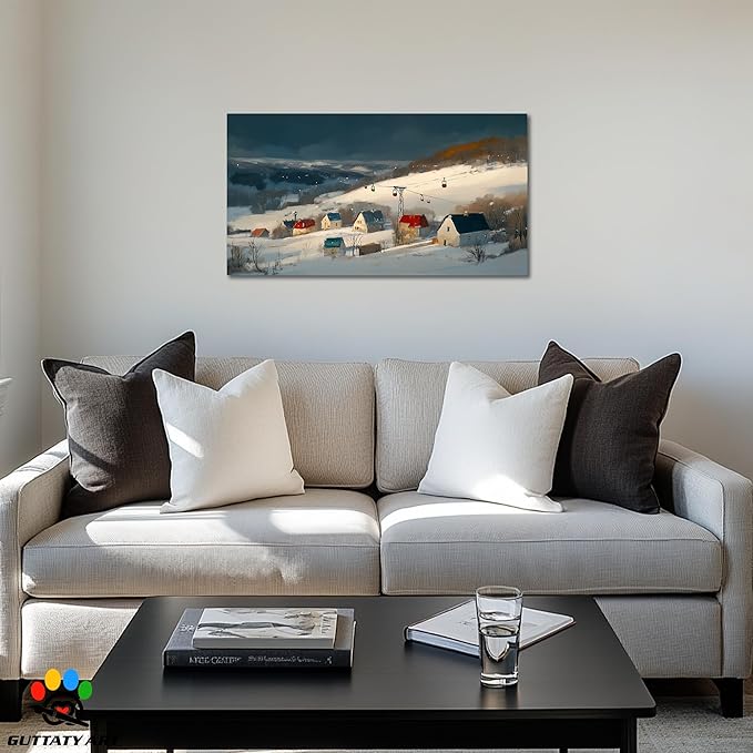 GUTTATY Christmas Winter Scene Canvas Wall Art, Snowy Village Pictures, Cable Car Canvas Prints, Nordic Landscape Painting, Cozy Holiday Wall Decor Poster for Living Room, Bedroom, Office, 16x8 Inch