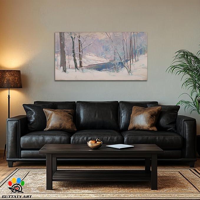 GUTTATY Christmas Winter Scene Canvas Wall Art, Soft Pastel Snowy Forest Landscape Canvas Prints, Tranquil Blue and Lavender Wall Decor for Living Room, Holiday Pictures Poster, 48x24 Inch