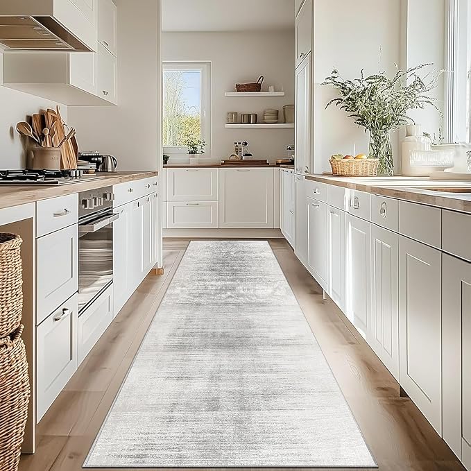 Enkor Runner Rugs for Hallway, 2'7"x10'6" Washable Soft Non Slip Abstract Rugs for Kitchen, Modern Mat for Entryway Living Room Bedroom White & Grey