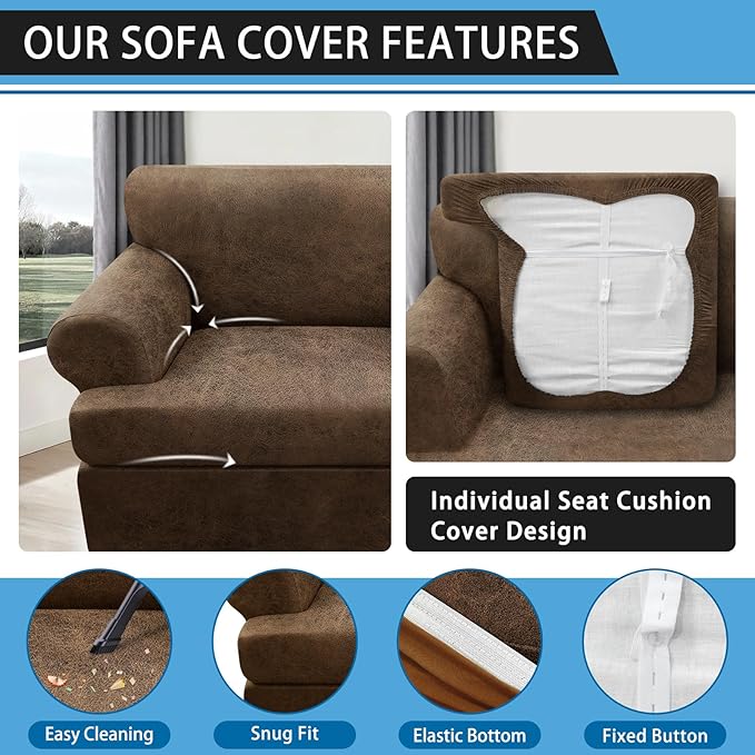 3-Pieces T Cushion Sofa Slipcovers Leather Look Couch Cover for 2 Cushion Couch Furniture Protector Stretch Sofa Cover with 2 Individual T Cushion Seat Covers Washable, Light Brown