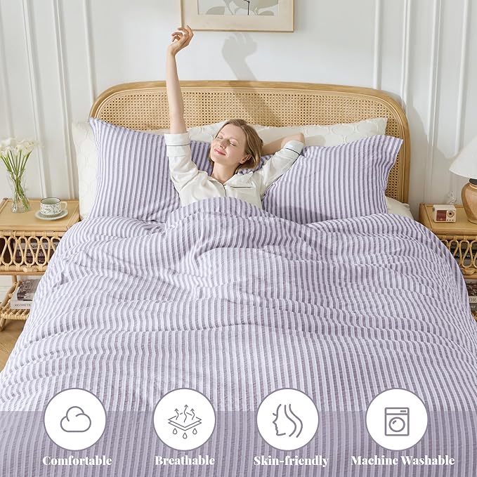 MILDLY Purple Striped Duvet Cover - 100% Washed Cotton Jacquard Boho Textured Comforter Cover 3pcs with Corner Ties Zipper Closure 104"x90"
