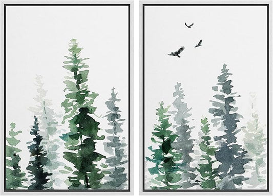 SIGNWIN Framed Wall Art Print Set Watercolor Green & Gray Forest and Birds Nature Wilderness Illustrations Modern Art Rustic Relax/Calm Multicolor for Living Room, Bedroom, Office - 24"x36"x2 White