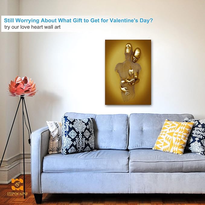 3D Wall Art- Love Heart 3D Metal Canvas Art, Gold Modern Abstract Hug Lovers Painting Picture Poster Prints for Bathroom, Romantic Couple Living Room Canvas Wall Art Framed 28”x40”x1Pcs