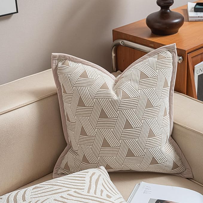 2025 New 22x22'' inches Throw Pillow Cushion Covers - Triangle Pattern with Edge Strip Chenille Jacquard Embroidery Luxury Modern Style Couch Sofa Bed Pillow Cover for Living Room Bedroom
