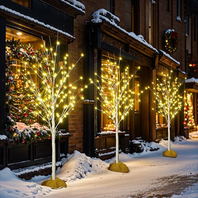 Recaceik Set of 3 Lighted Birch Trees 4FT 5FT 6FT, Christmas Decorations with Warm White LED Lights & Cherry Blossom, Fairy Light Spirit Tree for Indoor Outdoor Christmas Home Decor
