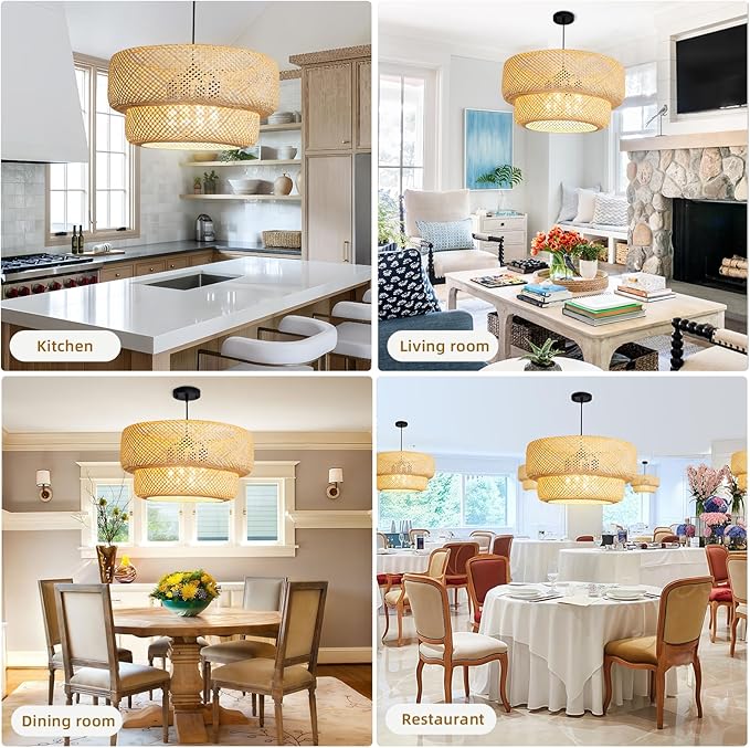 23.62" Bamboo Pendant Light,4-Light Boho Rattan Hanging Light,Hand Woven Wicker Chandelier for Kitchen Island for Kitchen Island Dining Bedroom Living Room Restaurants
