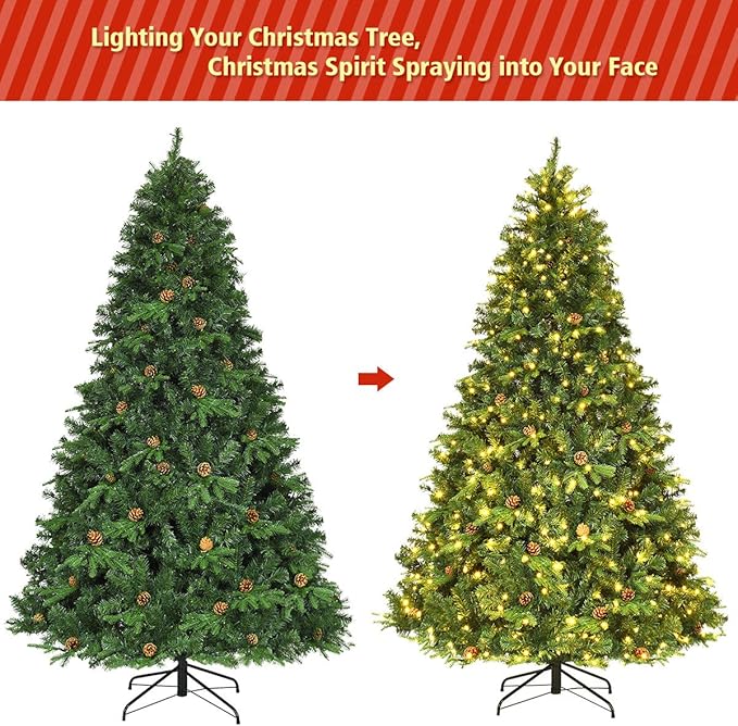 GOFLAME 7.5ft Artificial Pre-lit Christmas Tree with Warm White LED Lights and Pine Cones, Home Holiday Décor, Hinged, 1125 Branches for Indoor Decoration, Easy Setup