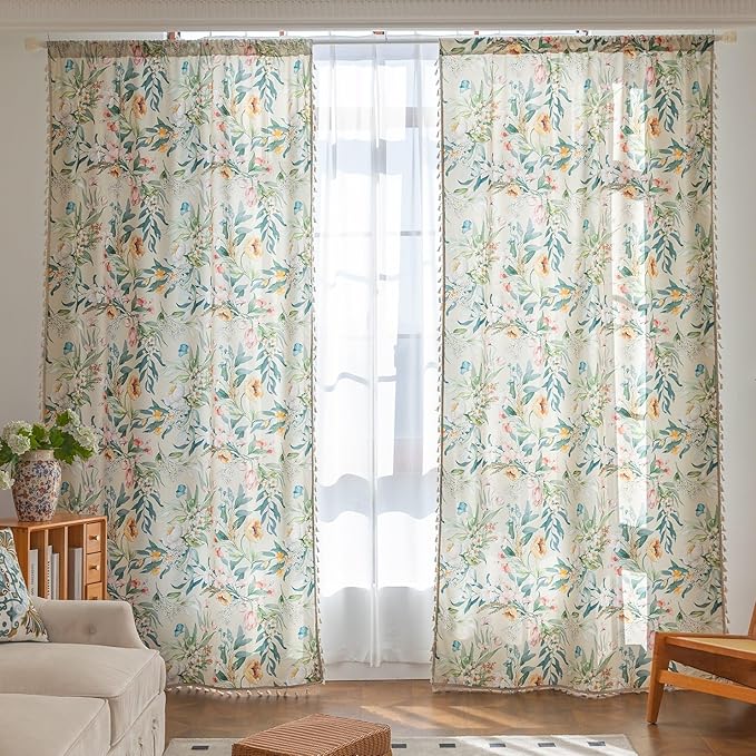 Boho Floral Curtains French Country Farmhouse Curtains 63 Inches Long Light Filtering Window Rod Pocket Drapes for Living Room 2 Panels-Green Floral