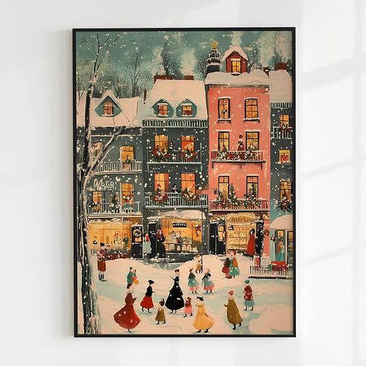 OZCONO Colorful Christmas Town Wall Art, Retro Winter Village Holiday Decor, Cozy Seasonal Farmhouse Accent, Snowy Scene for Festive Home Styling, Hello December Print (Unframed) (9x11)
