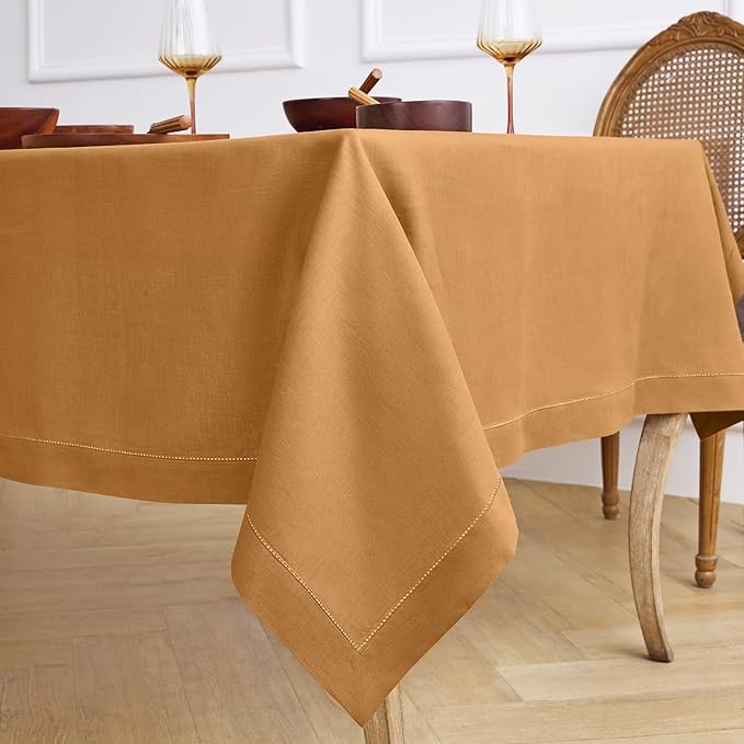 Solino Home Brown Sugar Linen Tablecloth 60 x 108 Inch - Classic Hemstitch, 100% Pure Linen Rectangular Tablecloth - Machine Washable Table Cloth for Fall, Autumn, Thanksgiving