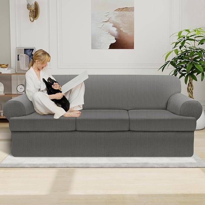 Waterproof Couch Cover 4-Piece Set Striped Sofa Slipcovers for 3 Separate T Cushion Couch - TPU Fabric Sofa Covers Leakproof Couch Protector for Kids, Pets(3 Cushion Sofa, Gray)