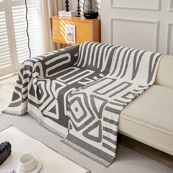 VClife Boho Couch Cover Sectional Sofa Cover for Dog Breathable Chenille Couch Covers for 2 Cushion Couch Sofa, Washable Dark Grey White Geometry Loveseat Cover Slipcover with Tassel 71"X102"