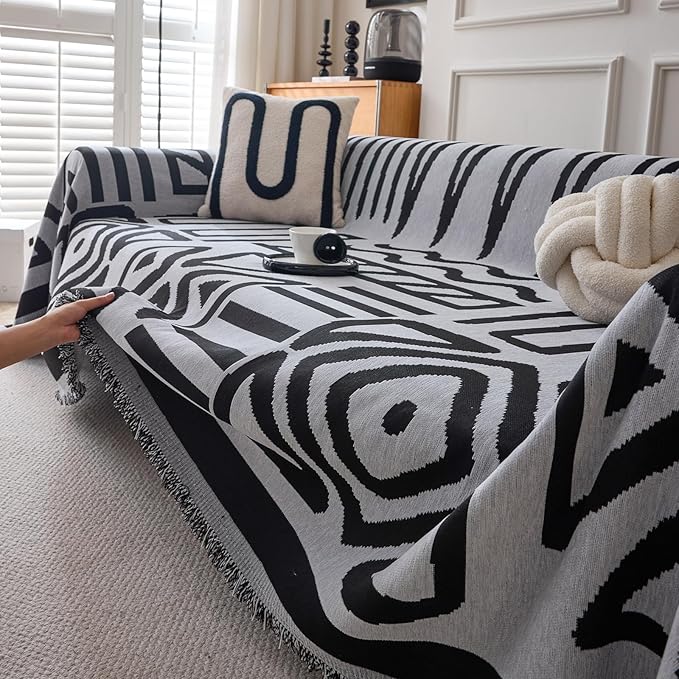DREAMINGO Boho Couch Cover Washable Chenille Sofa Cover Blanket Light Grey Black Furniture Protector for Sectional 2 Cushion Couch Reversible Geometric Loveseat Slipcover, Large 71"x118"