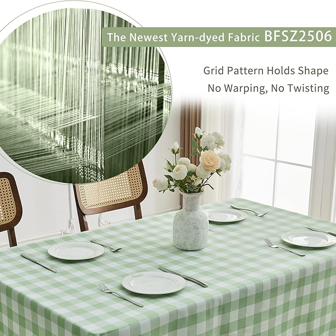 BALCONY & FALCON Gingham Table Cloth Rectangle – Machine Washable Wrinkle-Free Buffalo Checkered Tablecloth for 6ft 8ft Tables, Outdoor Picnic, Party, Kitchen Dining Decor (Green White, 55x95 Inch)
