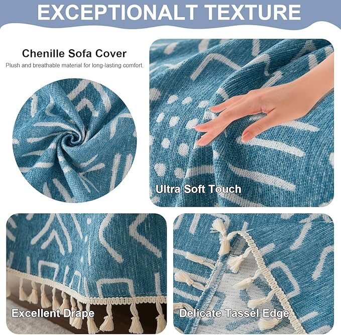 VClife Couch Cover Japanese Style Sofa Cover with Tassel, Soft Chenille Boho Couch Covers Sofa Covers Washable White Blue Furniture Cover for Living Room 71''x134''