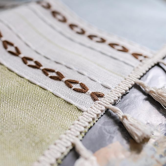 Sutuo Home Boho Curtains 90 inches for Bedroom Living Room,Bohemian Embroidery Drape Semi Blackout Farmhouse Window Treatment with Tassels, Rod Pocket 1 Panel 52" W x 90" L, Green Blue Striped Linen
