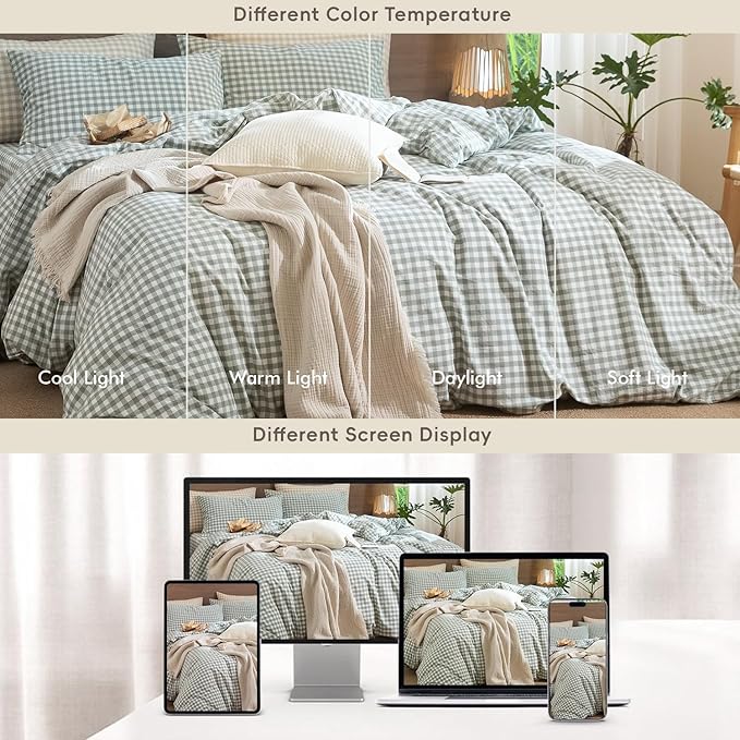 MooMee Gingham Duvet Cover Set 100% Washed Cotton Linen Like Textured Breathable Durable Soft Comfy Modern Checkered Design (Sage Green Gingham, Full 80"x90")