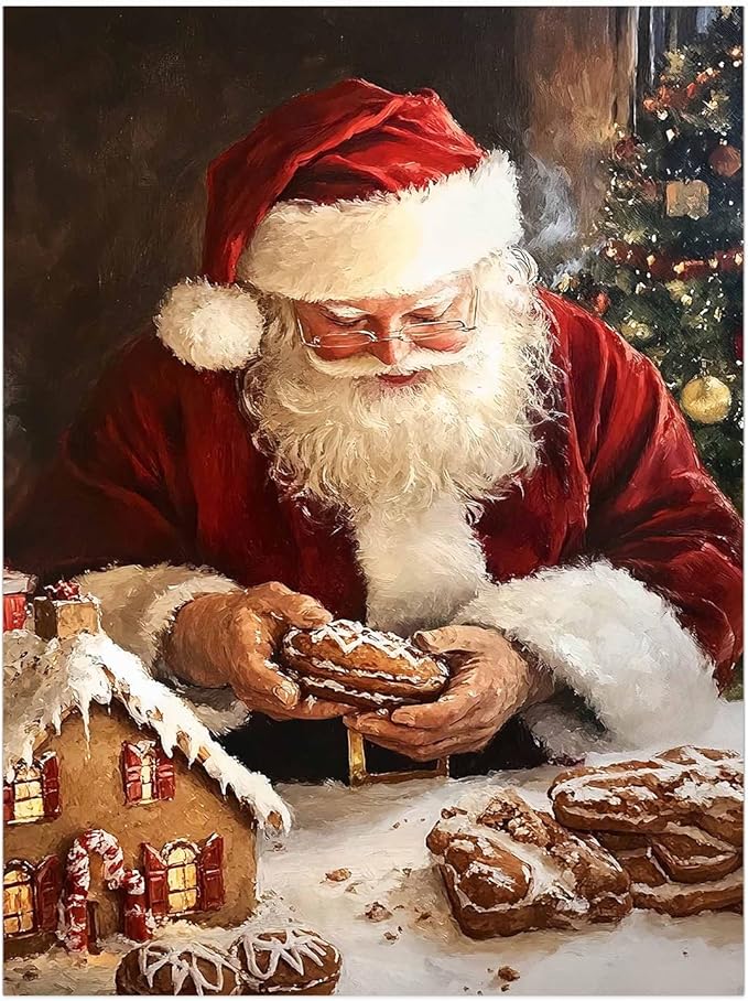 Christmas Gingerbread House and Santa Wall Art Print,Vintage Cozy Christmas Kitchen Wall Paintings for Kitchen Home Decor