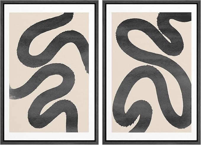 SIGNWIN Framed Wall Art Print Set Black Squiggly Lines Over Tan Background Abstract Swirly Digital Art Modern Art Mid-Century Modern Expressive for Living Room, Bedroom, Office - 24"x36"x2 Black