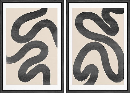 SIGNWIN Framed Wall Art Print Set Black Squiggly Lines Over Tan Background Abstract Swirly Digital Art Modern Art Mid-Century Modern Expressive for Living Room, Bedroom, Office - 24"x36"x2 Black