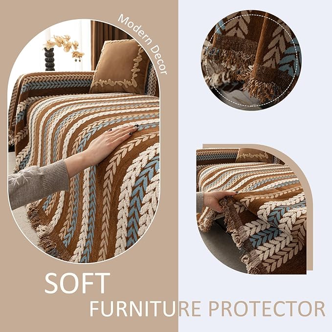 VClife Chenille Couch Cover for Sectional Sofa, Non Slip Couch Cover for 2 Cushion Couch Sofa, Washable Pet Couch Protector for Dog Chic Stripe Jacquard Sofa Slipcover with Tassel, Brown, 71''x118''