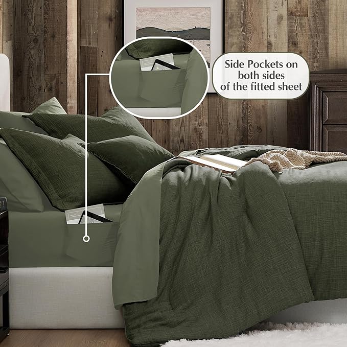 Geniospin Dark Olive Green Twin Comforter Set - 5 Pieces Comforter Twin Size, Solid Bedding Set for All Season, Textured Bed in a Bag with Sheets