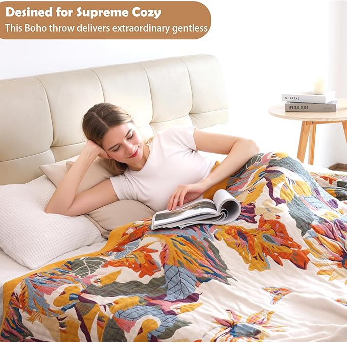Boho Throw Blanket, 100% Organic Cotton Ultra Soft Bed 50" x 60" Throw - Christmas Blanket Gifts for Woman All Season Rustic Floral Decor Blanket for Sofa Couch Chair -Beige