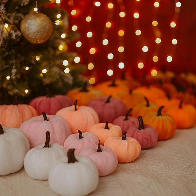 12 Faux Flocked Pumpkins, Perfect for Fall Harvest, Halloween, or Thanksgiving Table Centerpieces(12, Rose red, Purple, and Pink)