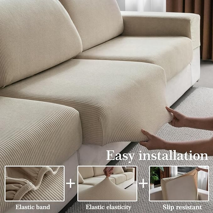 Sectional Couch Covers, Wear Resistant Stretch Sofa Covers Washable Soft Couch Cushion Covers Anti Slip Furniture Protector Sofa Slipcovers for Pets (3 Pieces 3 Seaters Cover, Light Brown)
