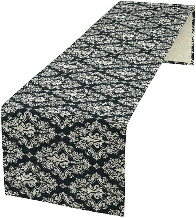 Damask Pattern Table Runner ,Exquisite Black White Baroque Table Runner for Kitchen Dining Party Decor 13x108in