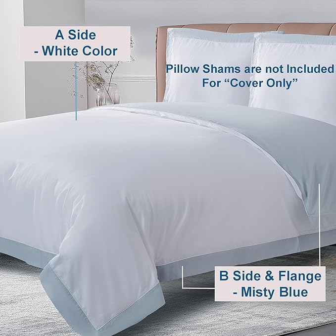 THE COTTON & SILK® 100% Luxury Long-Staple Cotton Duvet Cover - Soft & Breathable - Include 1 Duvet Cover with Corner Ties & Hidden Zipper - White + Misty Blue, King/California King Size
